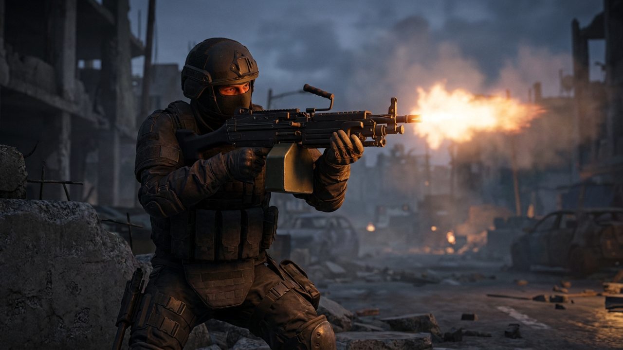 Un soldat tactique en armure noire tirant avec une mitrailleuse lourde dans une ville en ruines.
