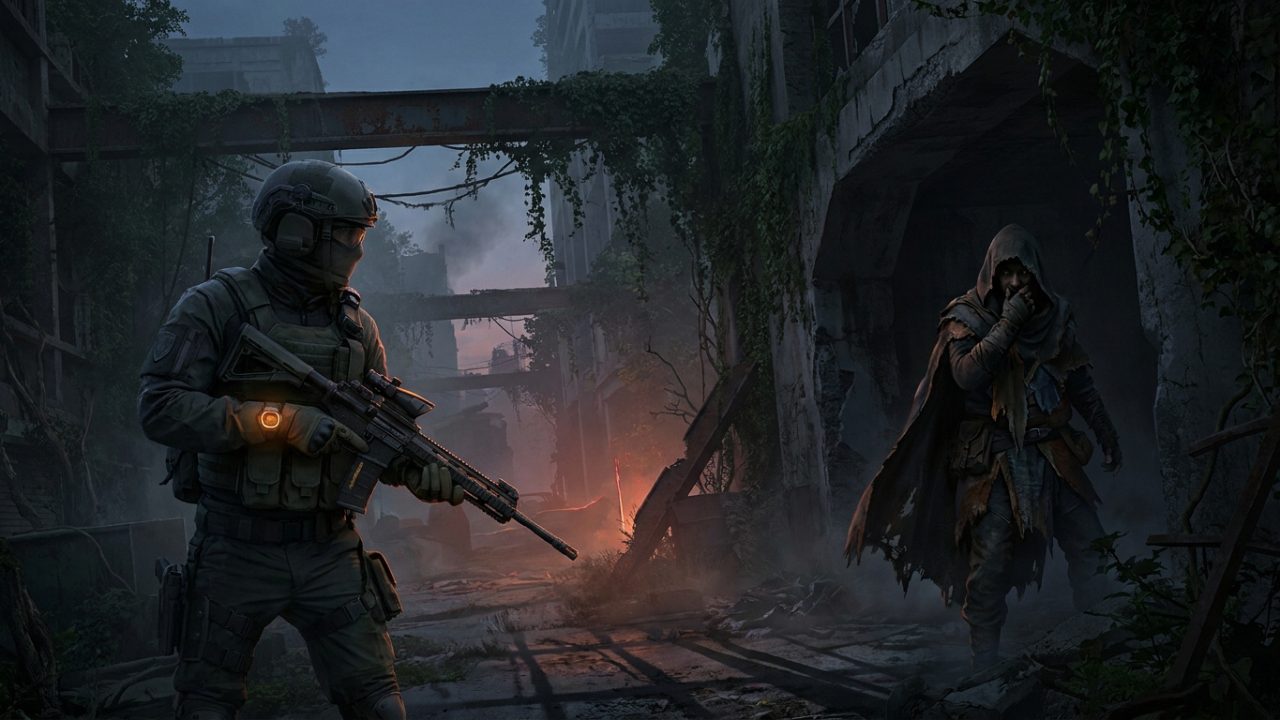 Un agent de The Division armé face à une silhouette encapuchonnée dans une rue urbaine en ruine et sombre.