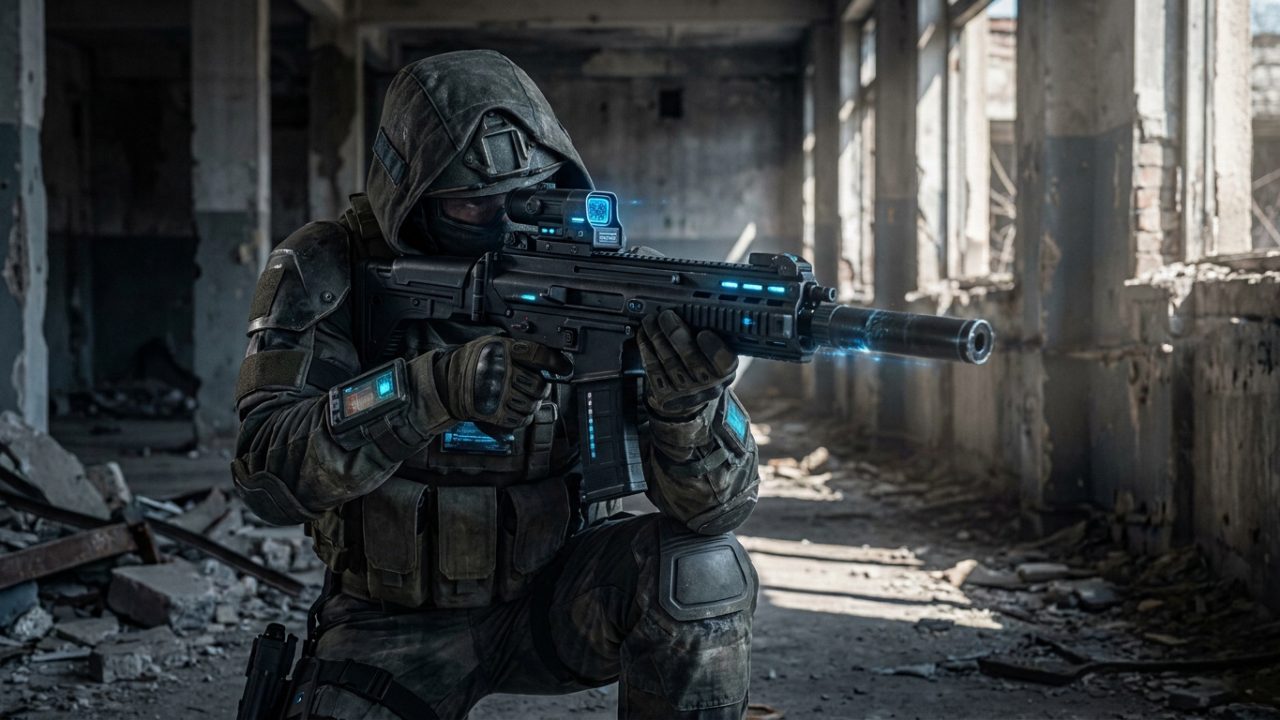Agent Division 2 en équipement tactique avec un fusil futuriste dans un bâtiment en ruine.