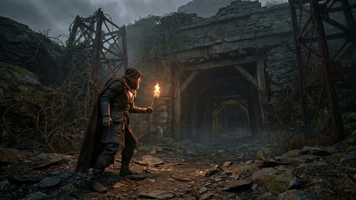 Un aventurier encapuchonné tenant une torche devant l'entrée sombre d'une mine ancienne dans le remake de Gothic.