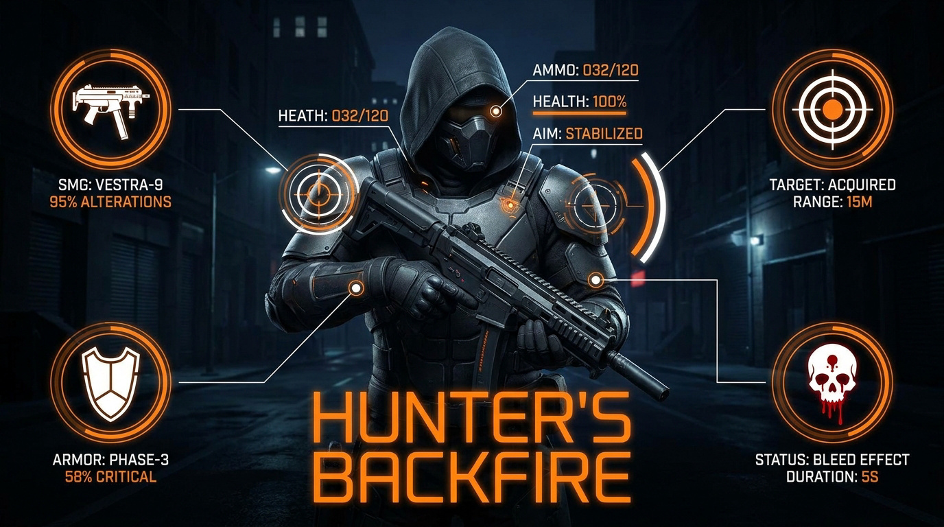 Interface tactique de l'agent utilisant le build Hunter's Backfire avec l'ensemble Hunter's Fury