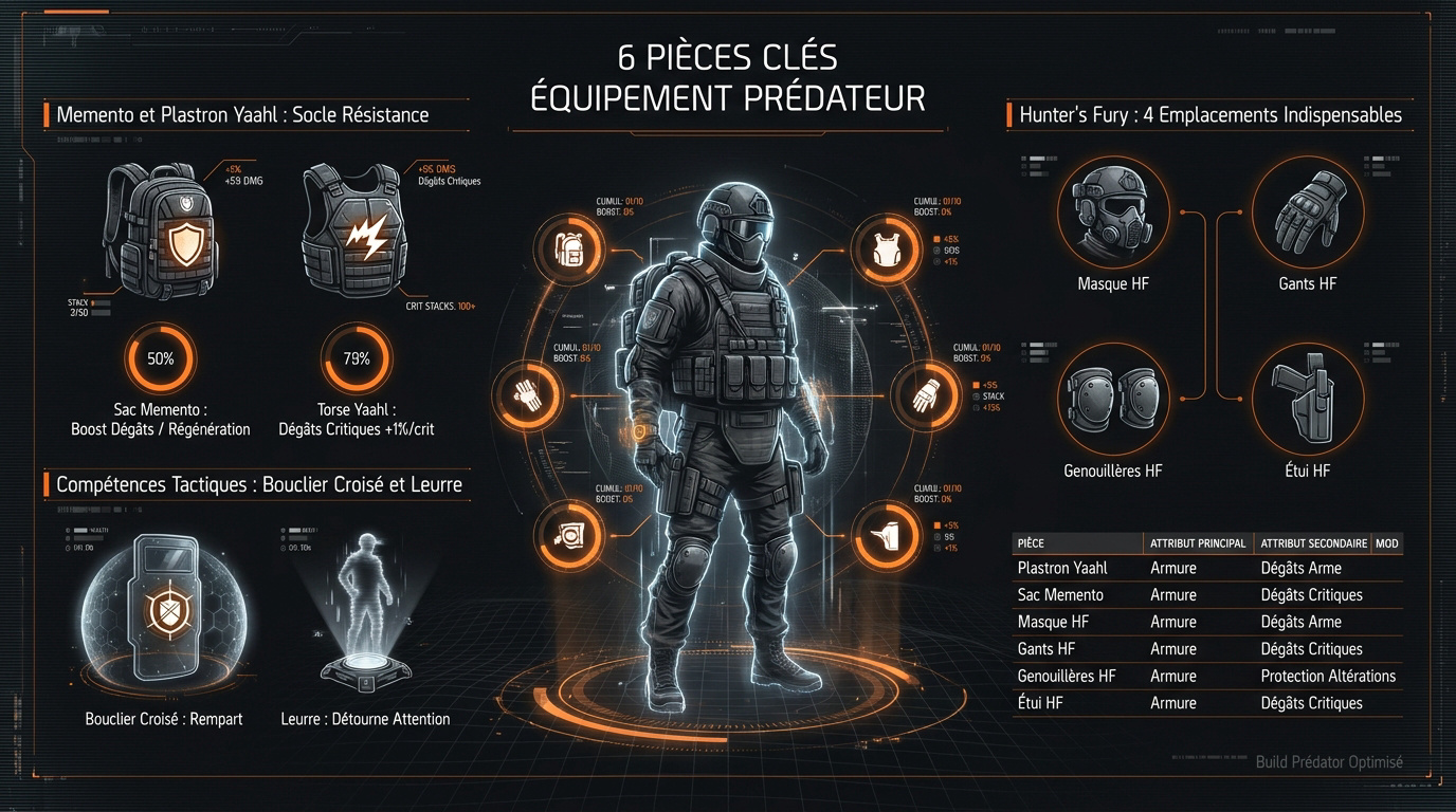 Infographie détaillée du build Hunter's Fury avec le pistolet-mitrailleur Backfire