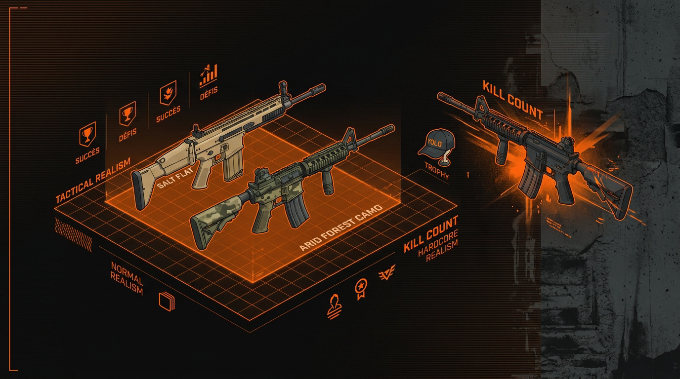 Infographie tactique détaillant les défis pour obtenir des skins d'armes dans The Division 2