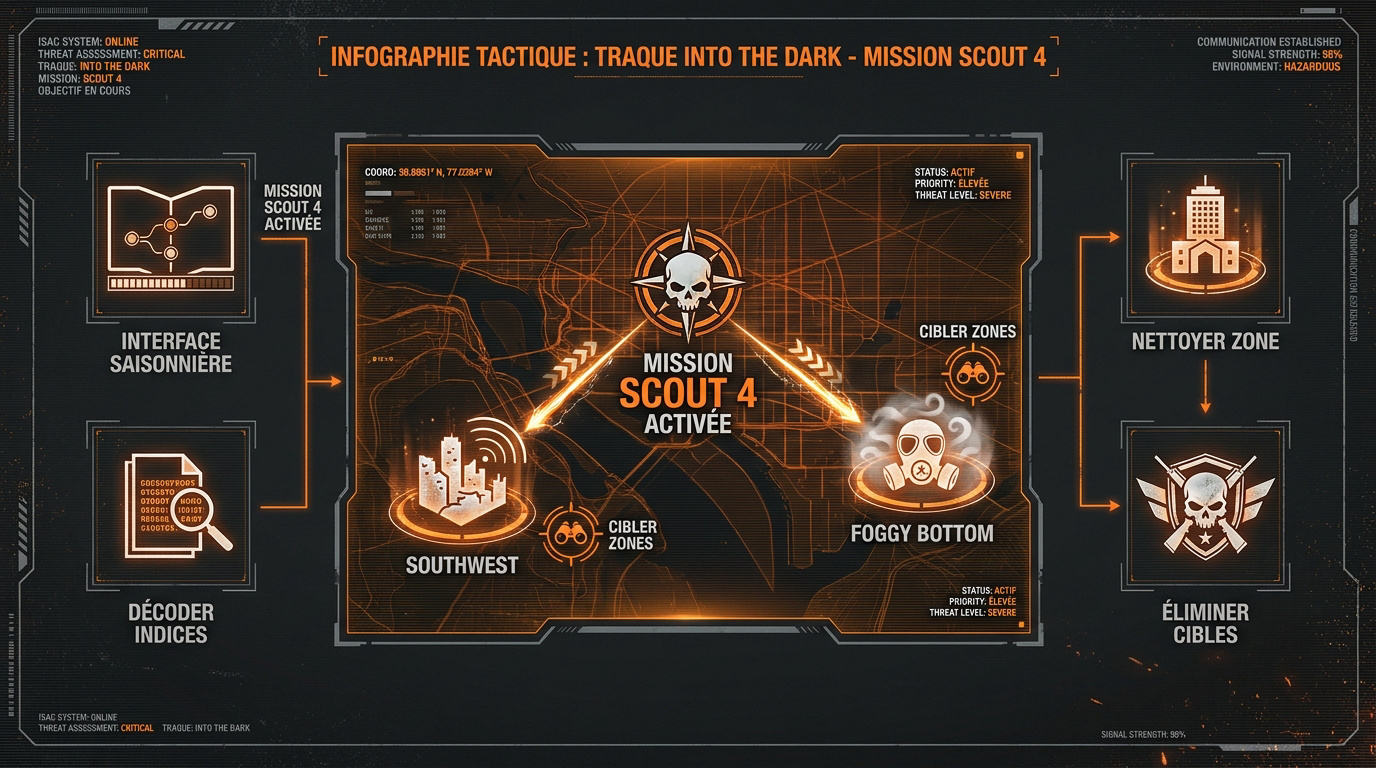 Infographie tactique pour l'activation de la mission Scout 4 dans The Division 2