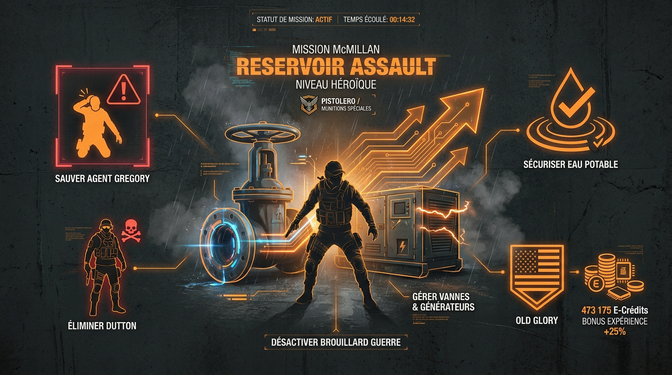 Affichage tactique du HUD lors de la mission McMillan Reservoir Assault dans The Division 2