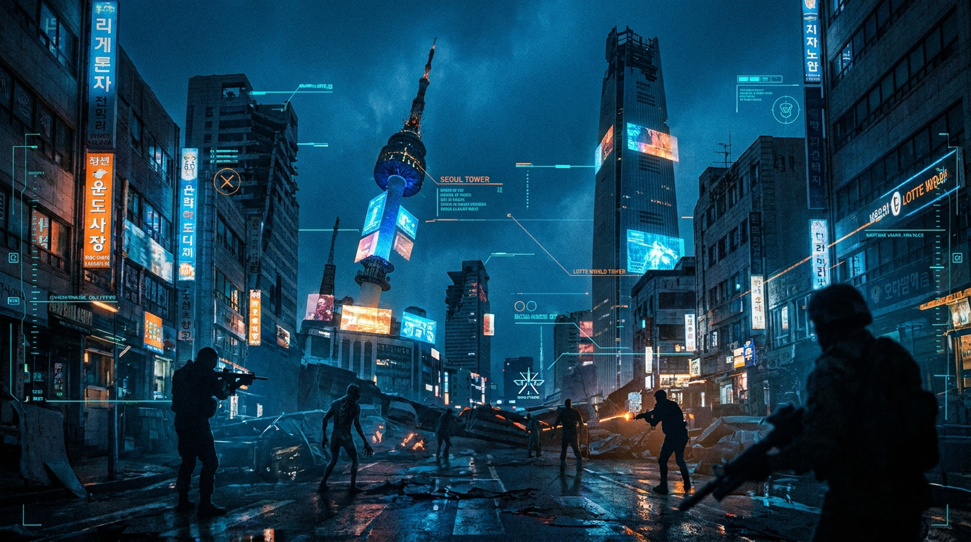Vue nocturne de Séoul en 2037 avec une architecture futuriste dévastée et des lumières néon