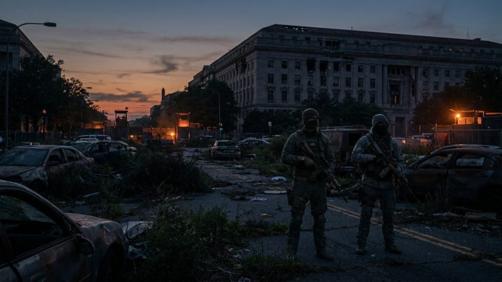 Deux soldats armés patrouillent dans une rue en ruine au crépuscule devant un bâtiment gouvernemental dévasté.