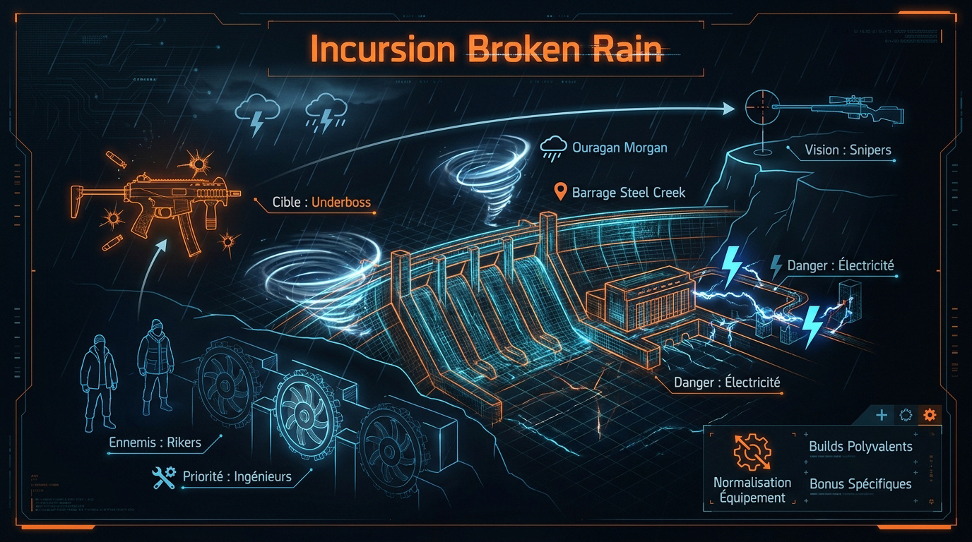 Infographie des objectifs tactiques au barrage de Steel Creek pour l'incursion Broken Rain