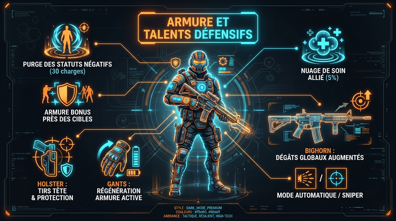 Infographie des statistiques d'armure et talents défensifs pour build tank The Division 2
