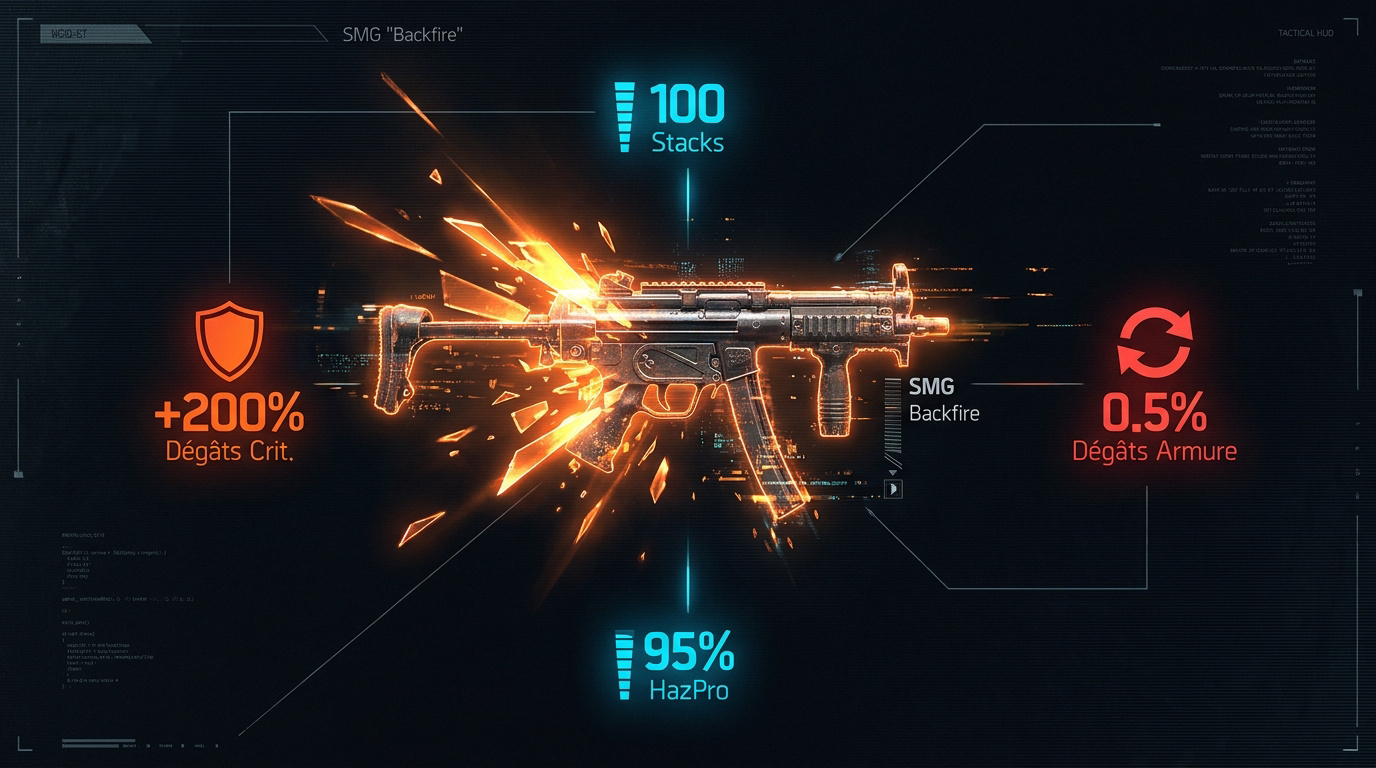 Interface tactique du pistolet-mitrailleur exotique Backfire avec ses statistiques de dégâts et stacks