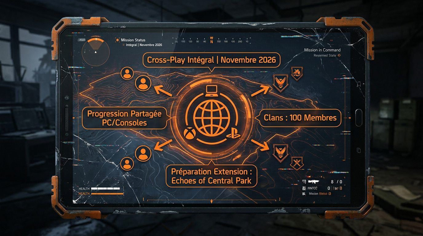 Interface tactique de The Division 2 illustrant les fonctionnalités de cross-play et de gestion de clan