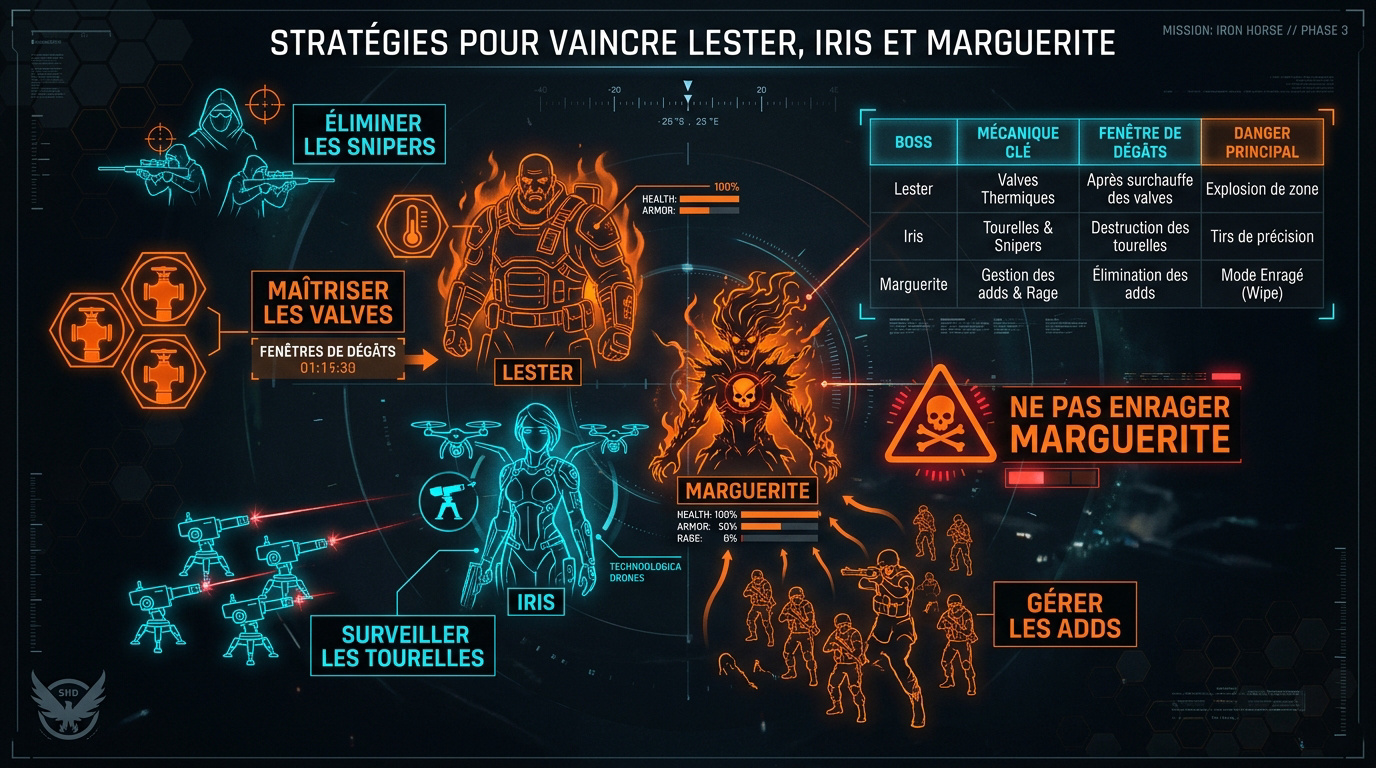 Combat tactique contre les boss Lester, Iris et Marguerite dans l'incursion Broken Rain