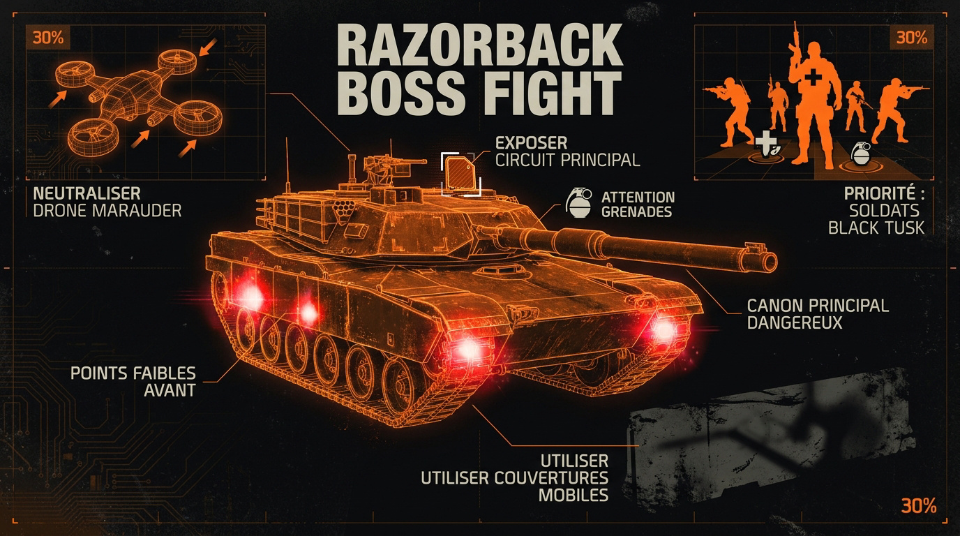 Infographie tactique pour détruire les points faibles du Razorback dans The Division 2