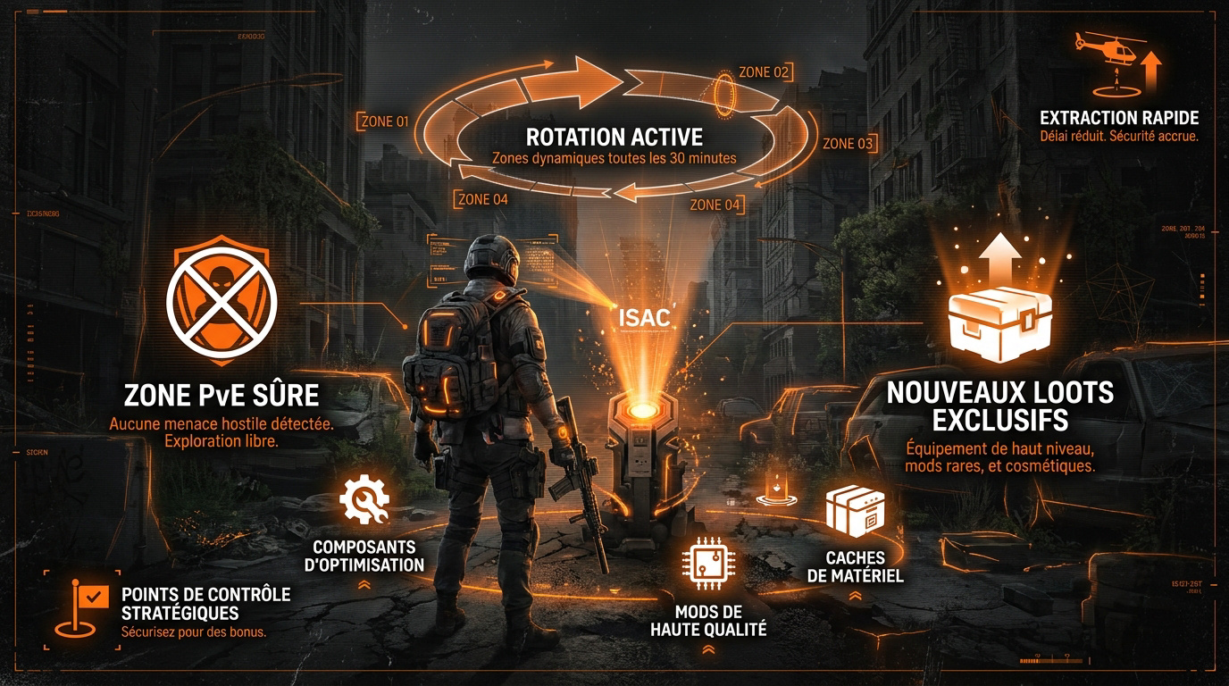 Infographie des récompenses et du fonctionnement de la Dark Zone PvE dans The Division 2