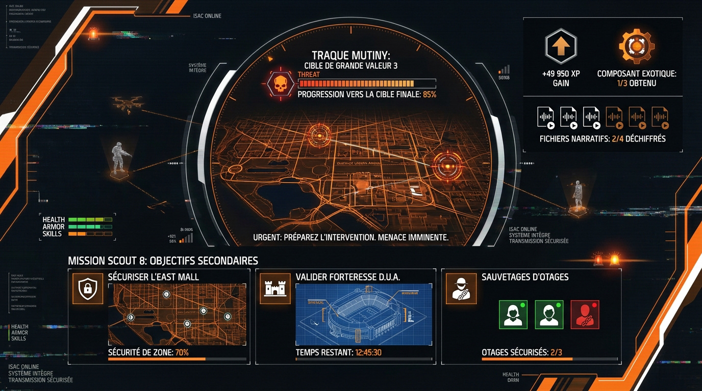Briefing de la mission Scout 8 et traque Mutiny dans The Division 2