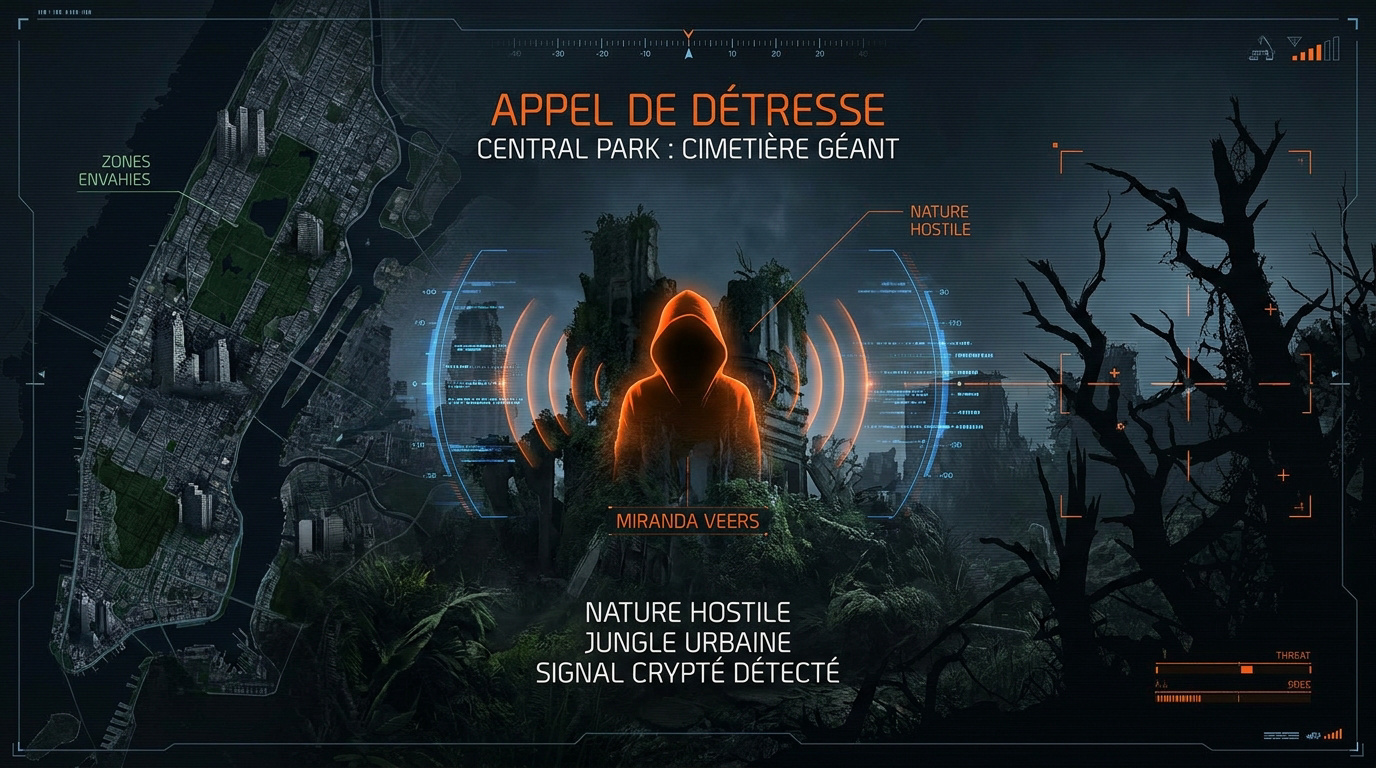 Agent de la Division écoutant un signal radio dans les ruines de Central Park envahies par la végétation