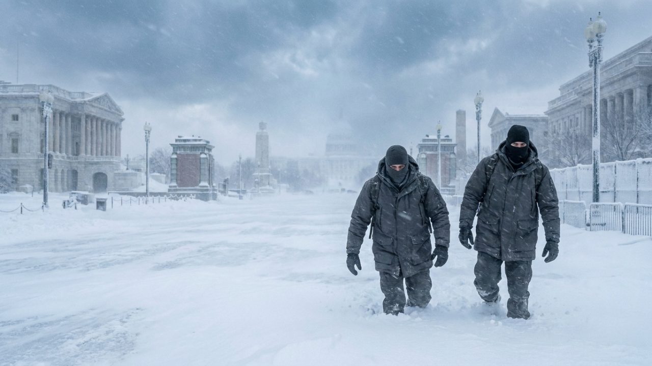 Deux personnages en tenue d'hiver tactique et cagoules marchant dans la neige devant le Capitole sous une tempête.