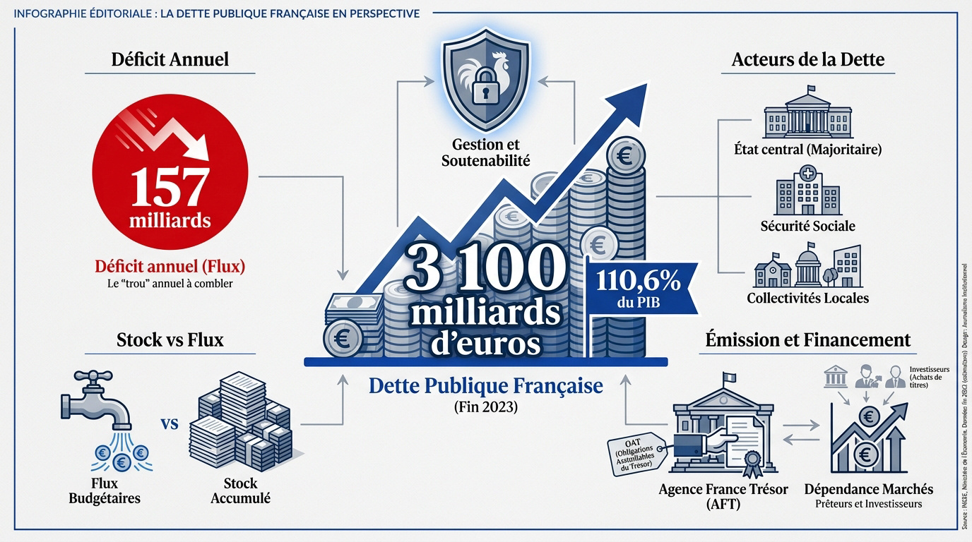 Graphique illustrant l'évolution de la dette publique française et du déficit budgétaire