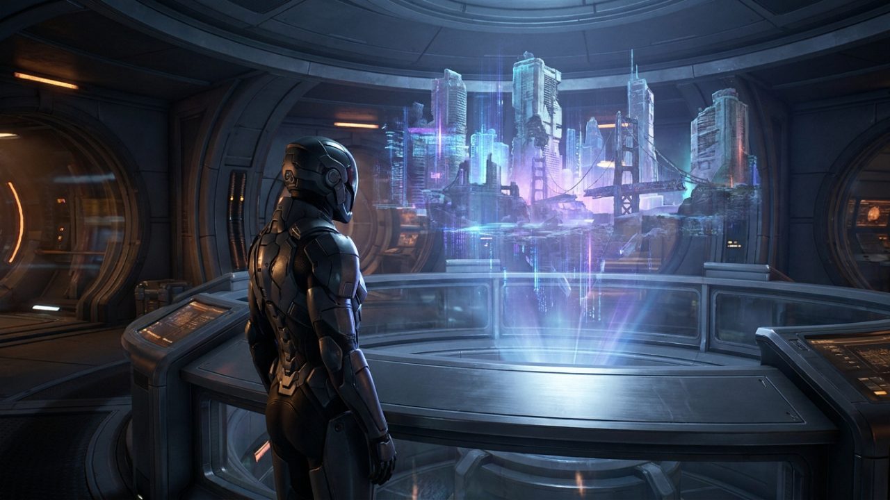 Un personnage en armure futuriste observant un hologramme d'une ville en ruine dans un centre de commande spatial.