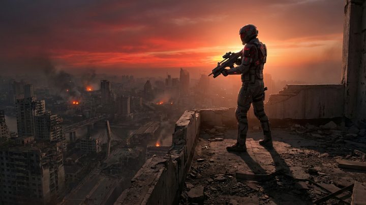 Soldat en armure tactique surplombant une ville dévastée au coucher du soleil dans The Division 2.