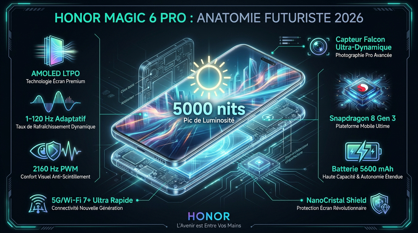 Vue détaillée du design et de l'écran du Honor Magic 6 Pro en 2026