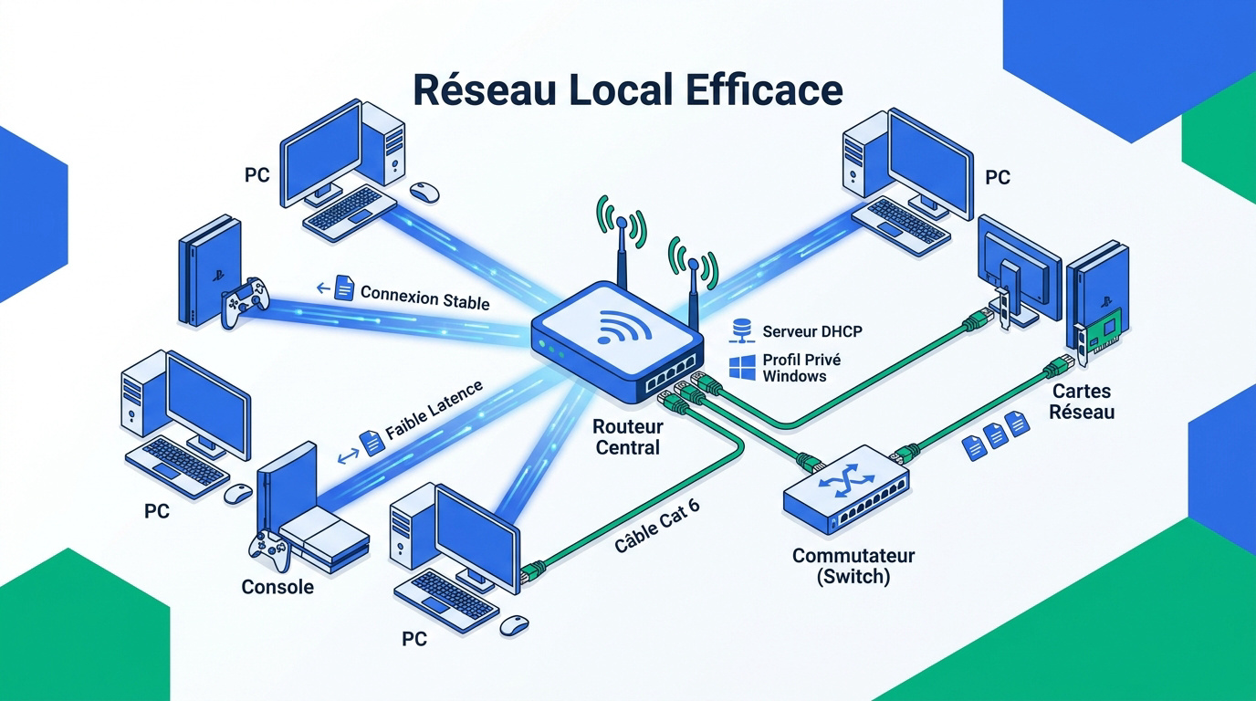 Schéma d'un réseau local LAN avec switch et câbles Ethernet pour le jeu vidéo