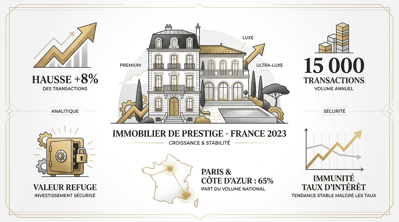 Analyse de la croissance du marché de l'immobilier de luxe en France en 2023 montrant des propriétés de prestige