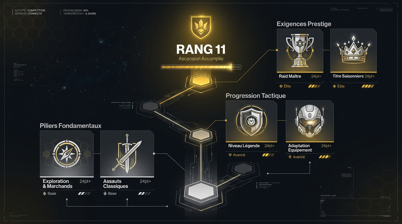 Infographie détaillant les étapes clés pour atteindre le rang 11 de Gardien dans Destiny 2