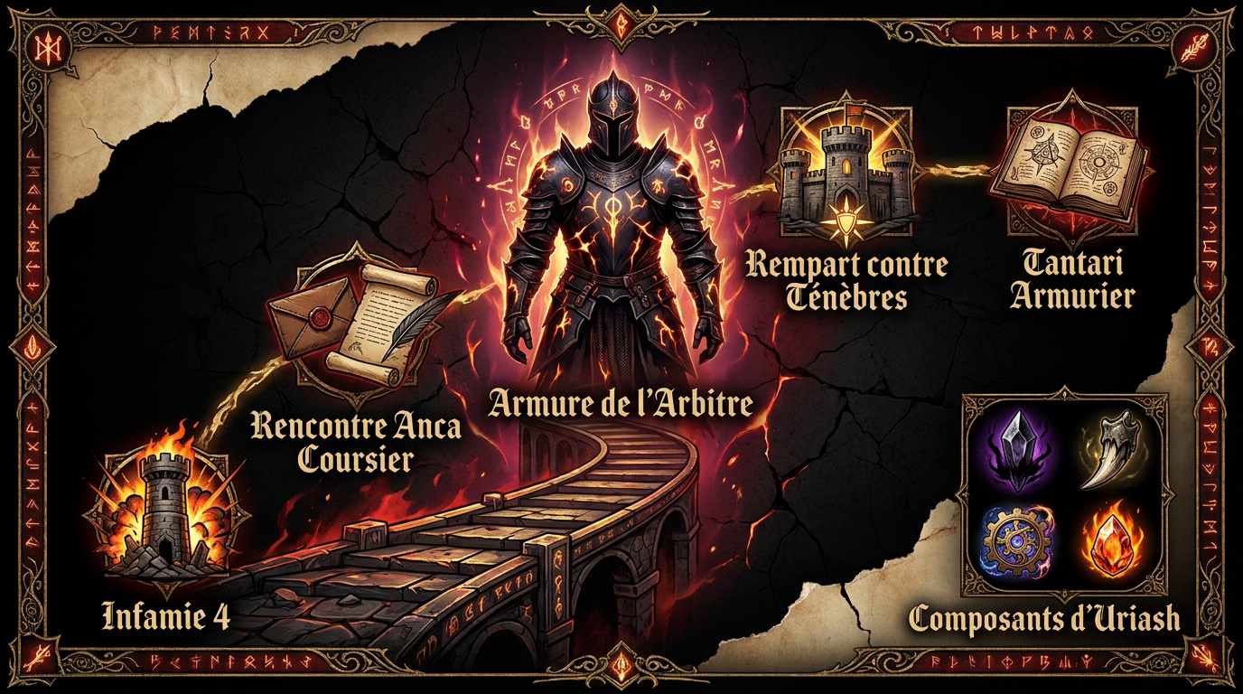 Infographie détaillant les étapes de la quête et les composants pour l'armure de l'Arbitre dans Blood of Dawnwalker