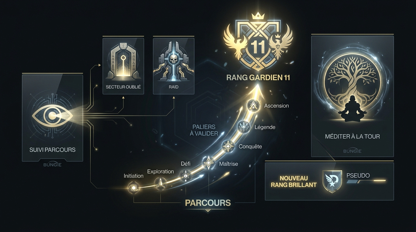 Infographie des rangs de Gardien dans Destiny 2 montrant le chemin vers le rang 11 Parangon