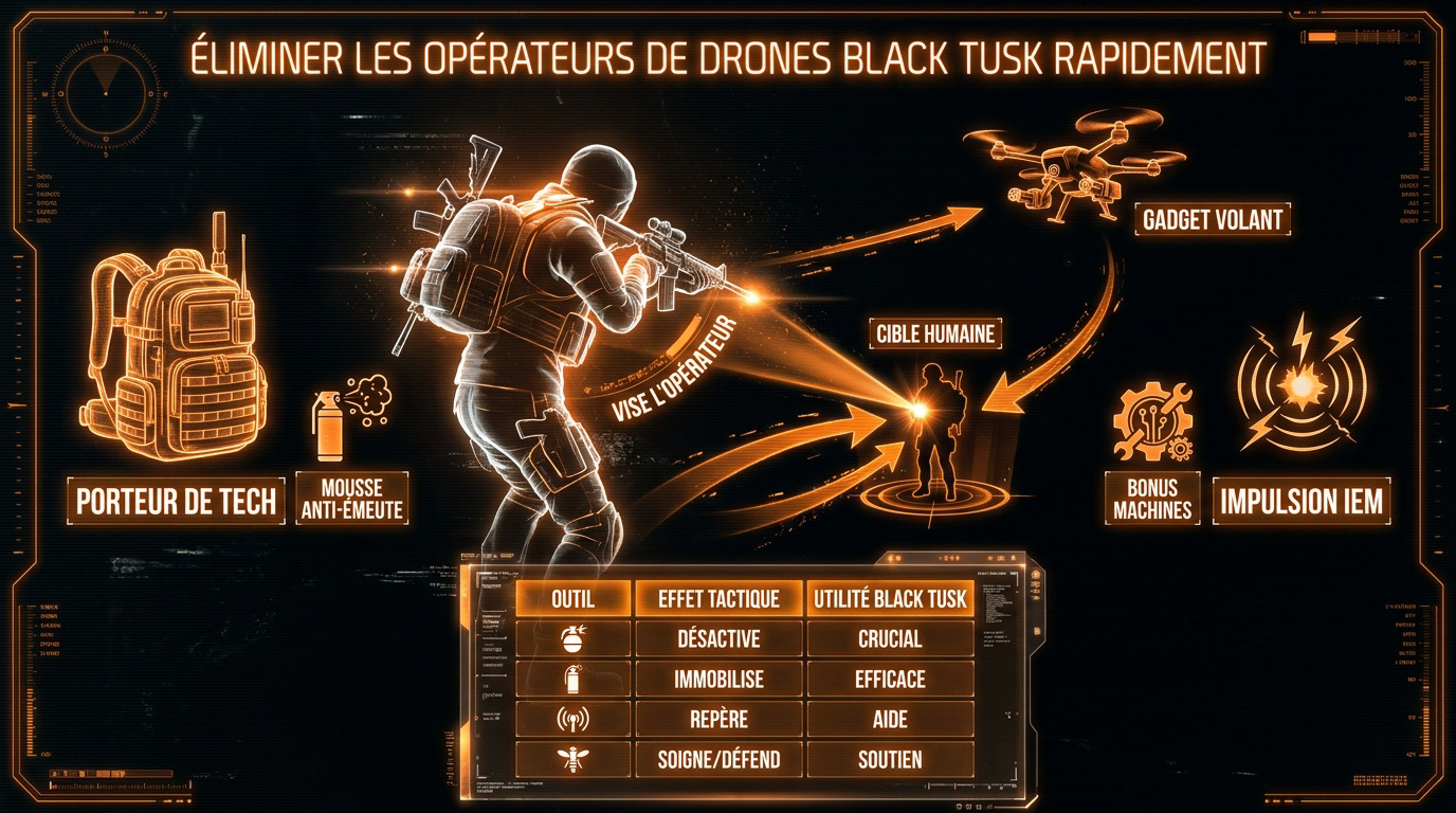 Infographie tactique pour éliminer les opérateurs de drones Black Tusk dans The Division 2