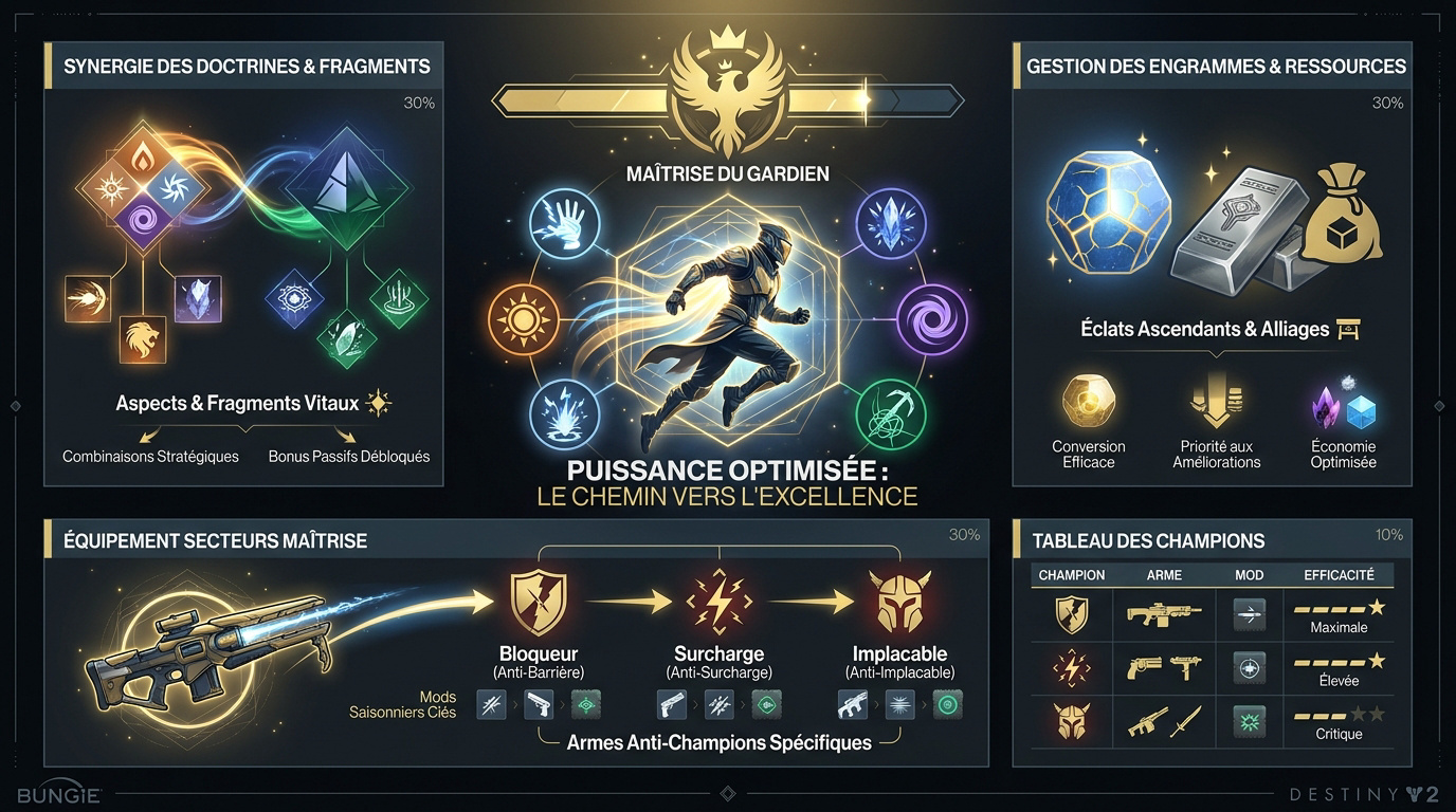 Infographie sur l'optimisation des builds et la maîtrise des rangs de Gardien dans Destiny 2