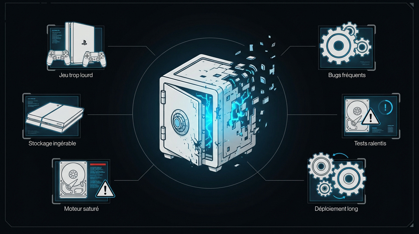 Interface futuriste affichant des alertes de saturation de stockage disque pour un jeu vidéo