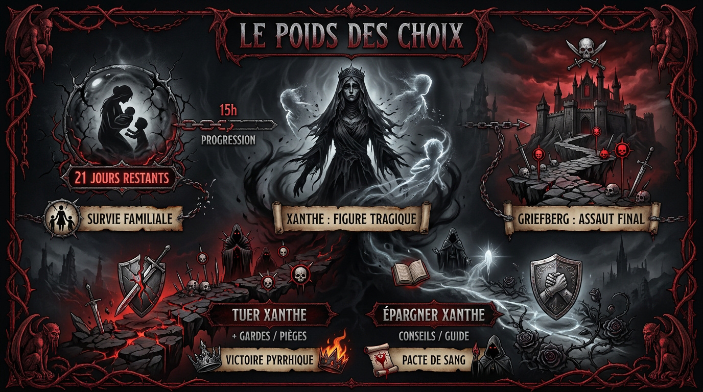 Infographie des dilemmes moraux et conséquences tactiques face à Xanthe dans Blood of Dawnwalker