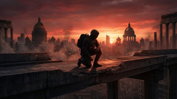 Un soldat en tenue tactique agenouillé sur un pont en ruine au coucher du soleil, face à une ville dévastée.
