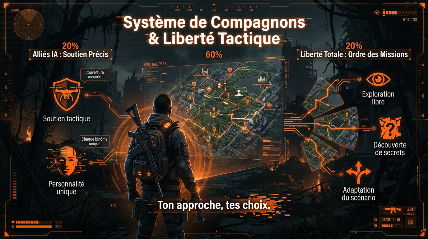 Agent de la Division utilisant le soutien tactique d'un compagnon IA dans Central Park