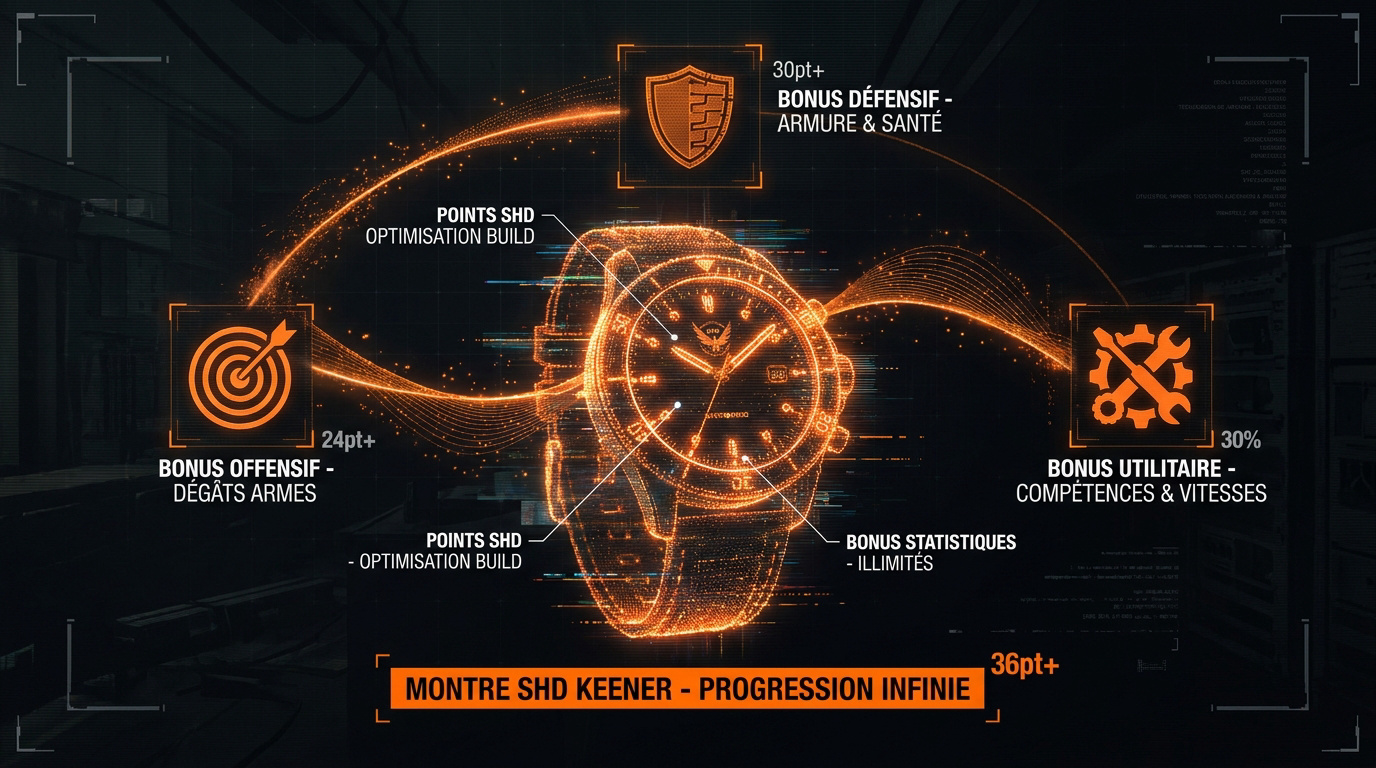 Interface de la montre SHD dans The Division 2 montrant les bonus de statistiques