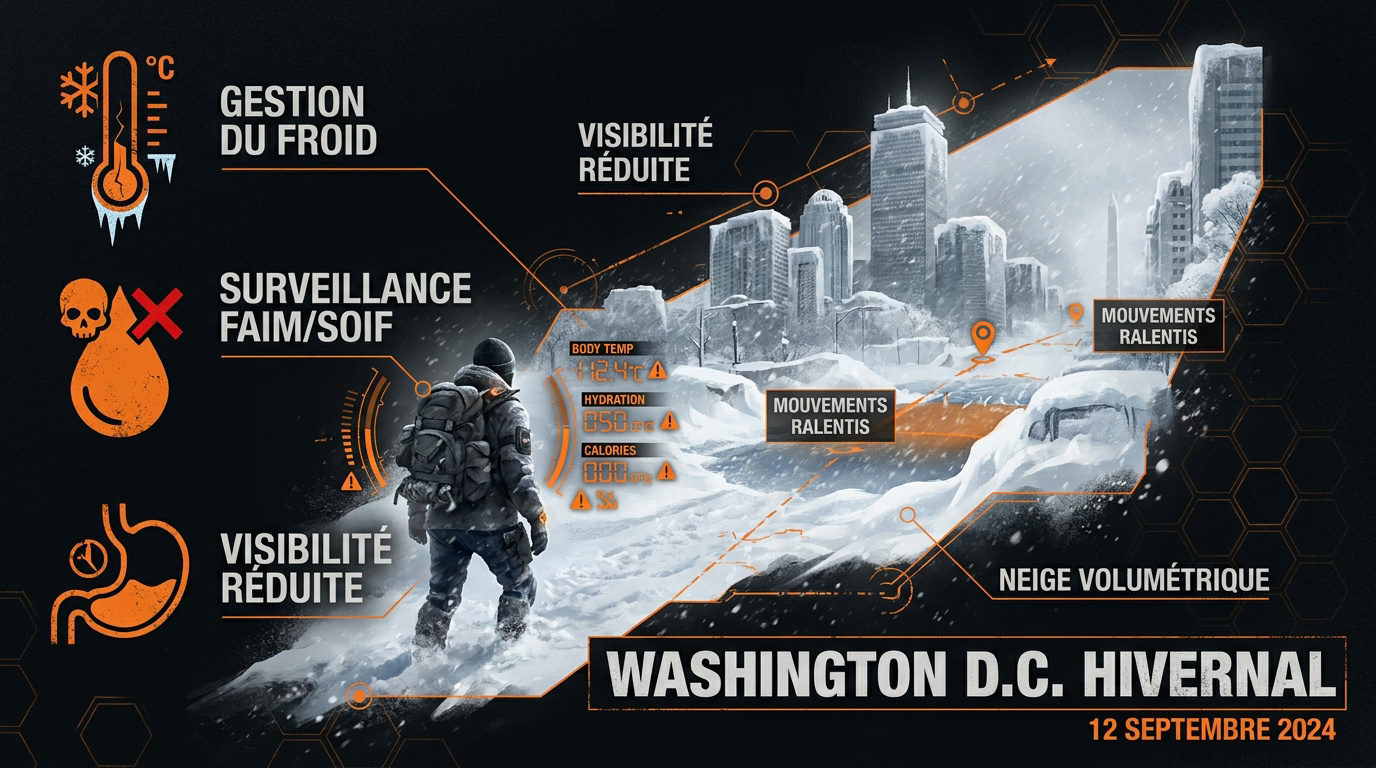 Agent de la Division marchant dans Washington D.C. sous une tempête de neige hivernale
