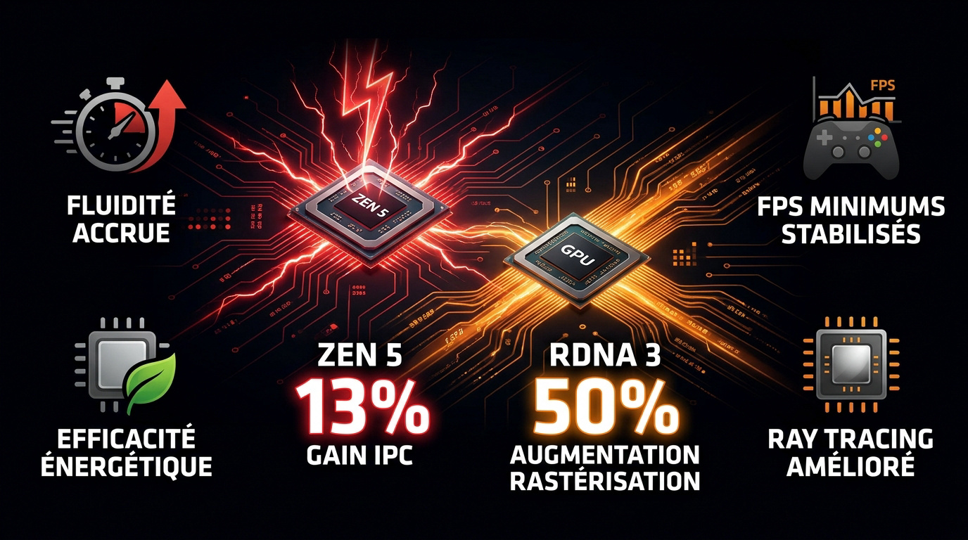 Infographie des performances AMD Zen 5 et RDNA 3 montrant les gains d'IPC et de rastérisation