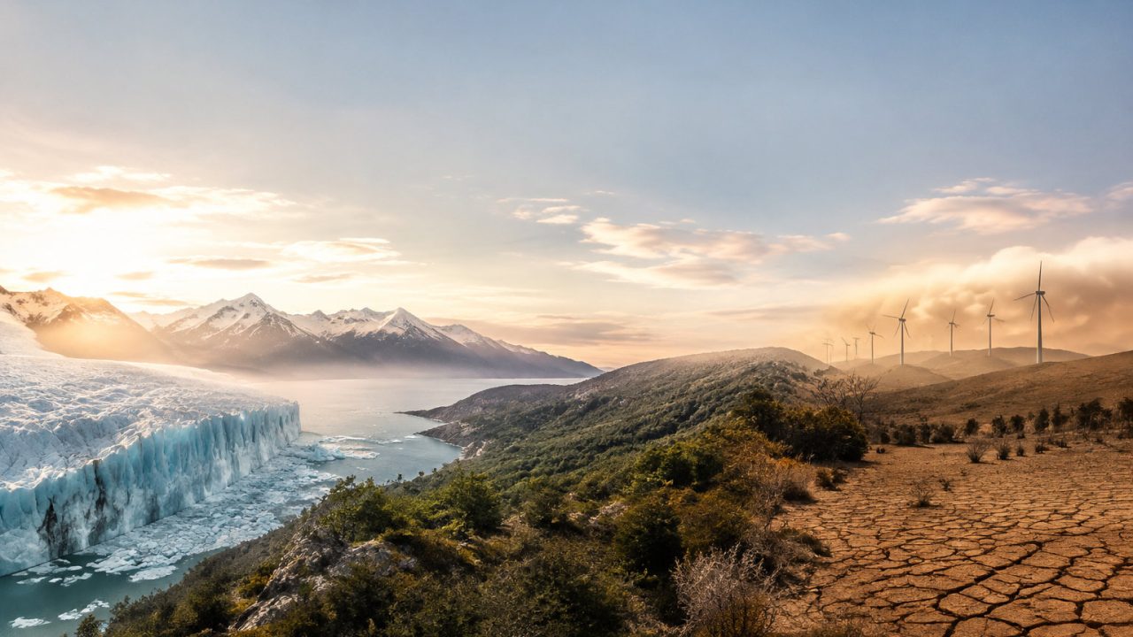 Un paysage juxtaposant un glacier bleu et une terre aride avec des éoliennes au loin sous un soleil couchant.