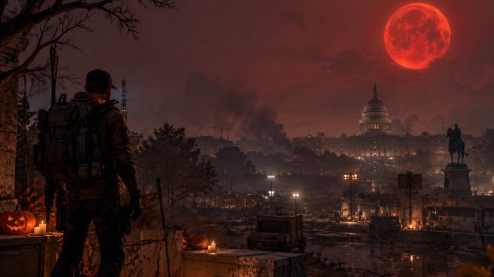 Un agent observe Washington D.C. sous une lune rouge sang avec des citrouilles illuminées au premier plan.