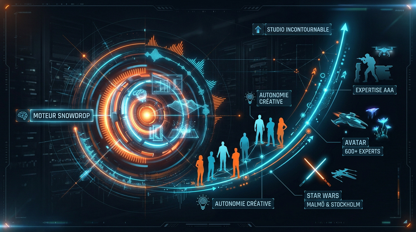 Infographie présentant les capacités techniques du moteur Snowdrop et la structure du studio Massive Entertainment