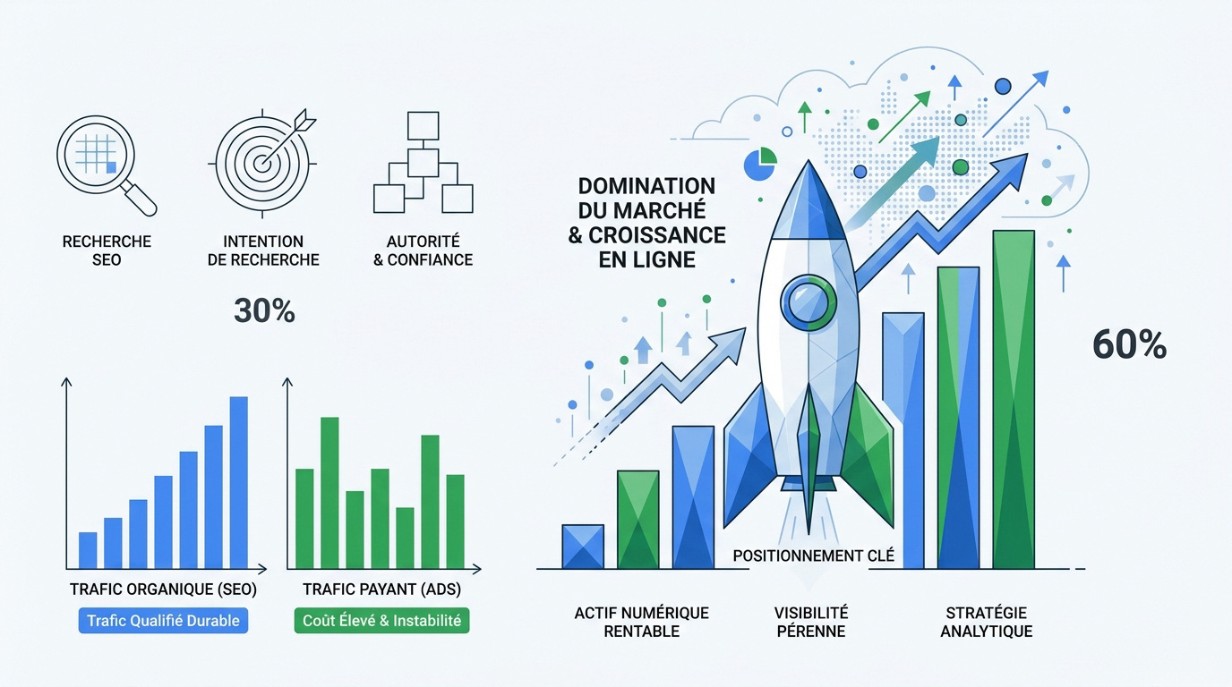 Graphique illustrant l'ascension de la visibilité organique et la croissance du trafic SEO pour une entreprise