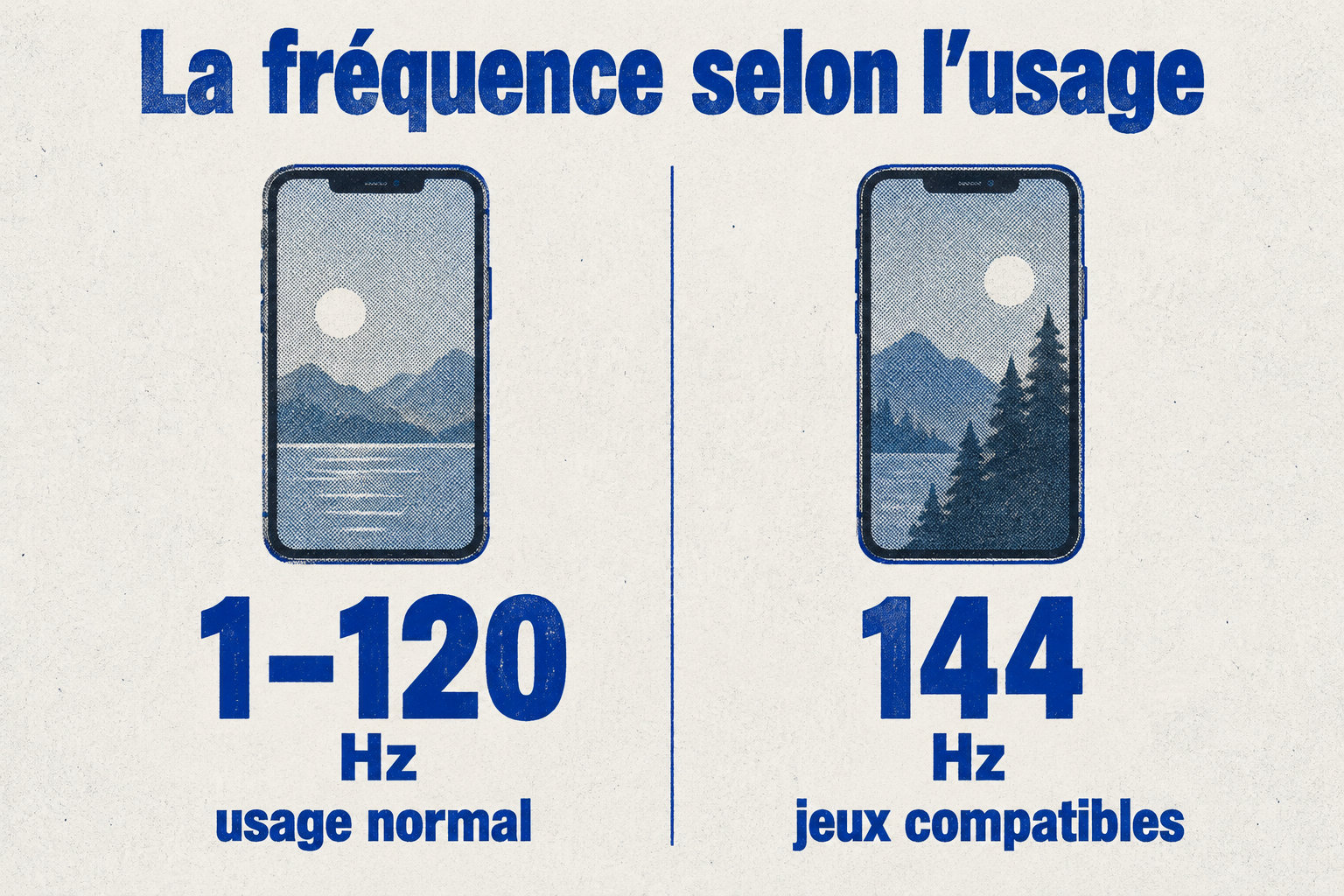 En usage normal, le taux varie de 1 à 120 Hz ; dans les jeux compatibles, il atteint 144 Hz.