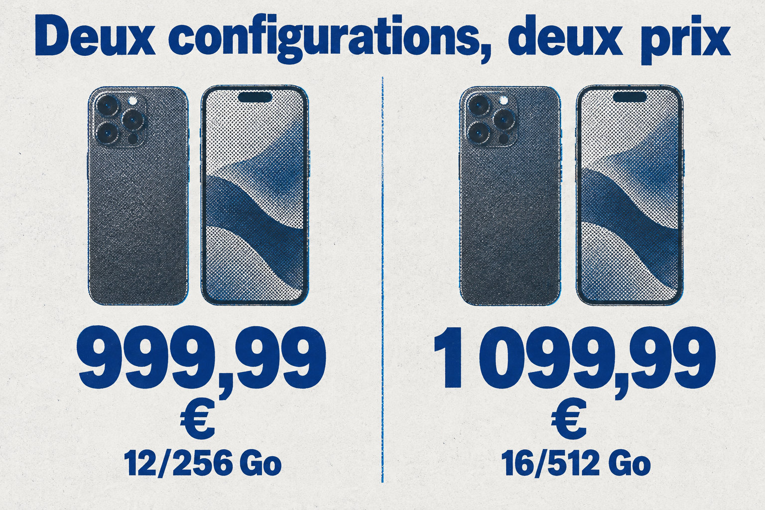 La version 12/256 Go coûte 999,99 €, tandis que la version 16/512 Go coûte 1 099,99 €.