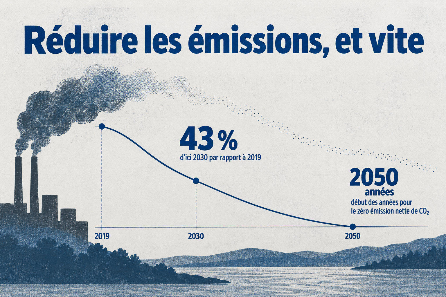 Les émissions mondiales de gaz à effet de serre doivent baisser de 43 % d’ici 2030 par rapport à 2019, et le CO₂ atteindre zéro émission nette au début des années 2050.