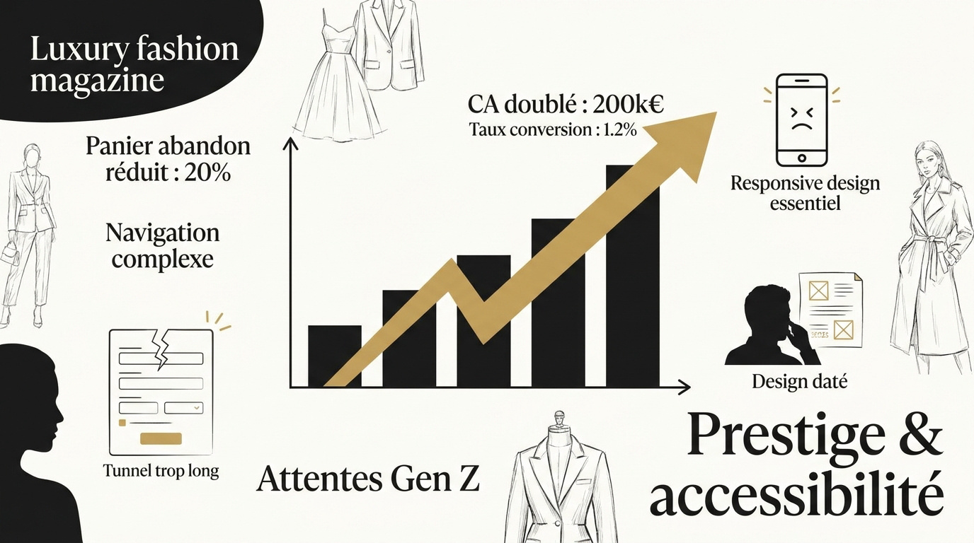 Graphique montrant la croissance du chiffre d'affaires et la réduction des frictions après la refonte UX d'un site de luxe