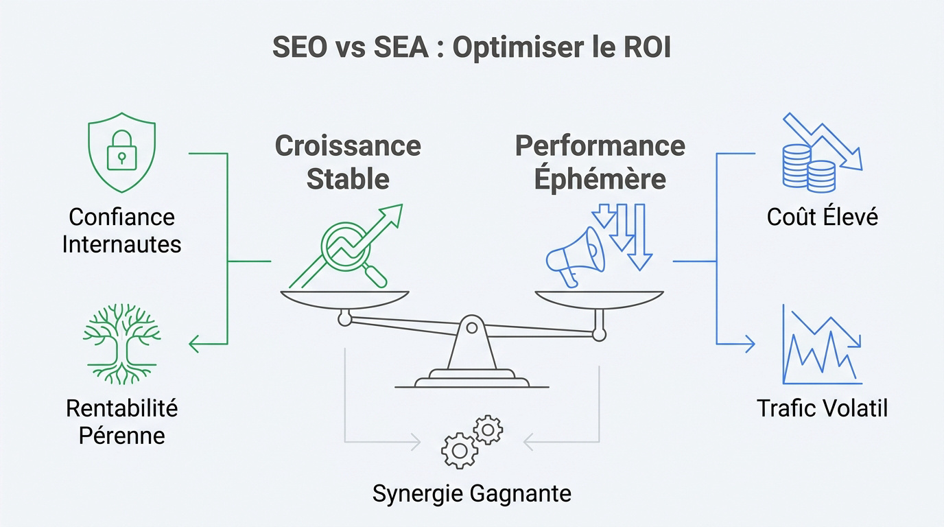 Comparaison stratégique entre le référencement naturel SEO et la publicité payante SEA pour maximiser le ROI