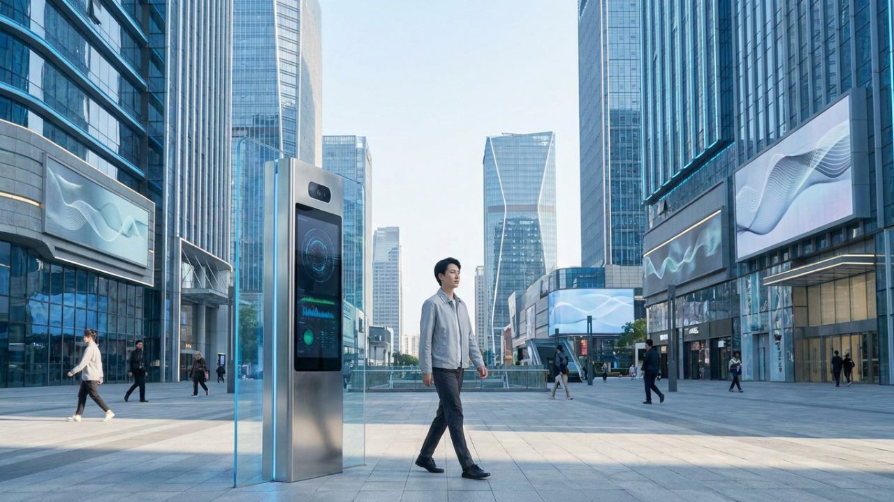 Un homme marche sur une place moderne entourée de gratte-ciel avec une borne interactive de reconnaissance faciale.